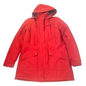 Lands End ThermaCheck WindCheck Womens Coat Sz M8/10 Red Full Zip Hood Int Cinch